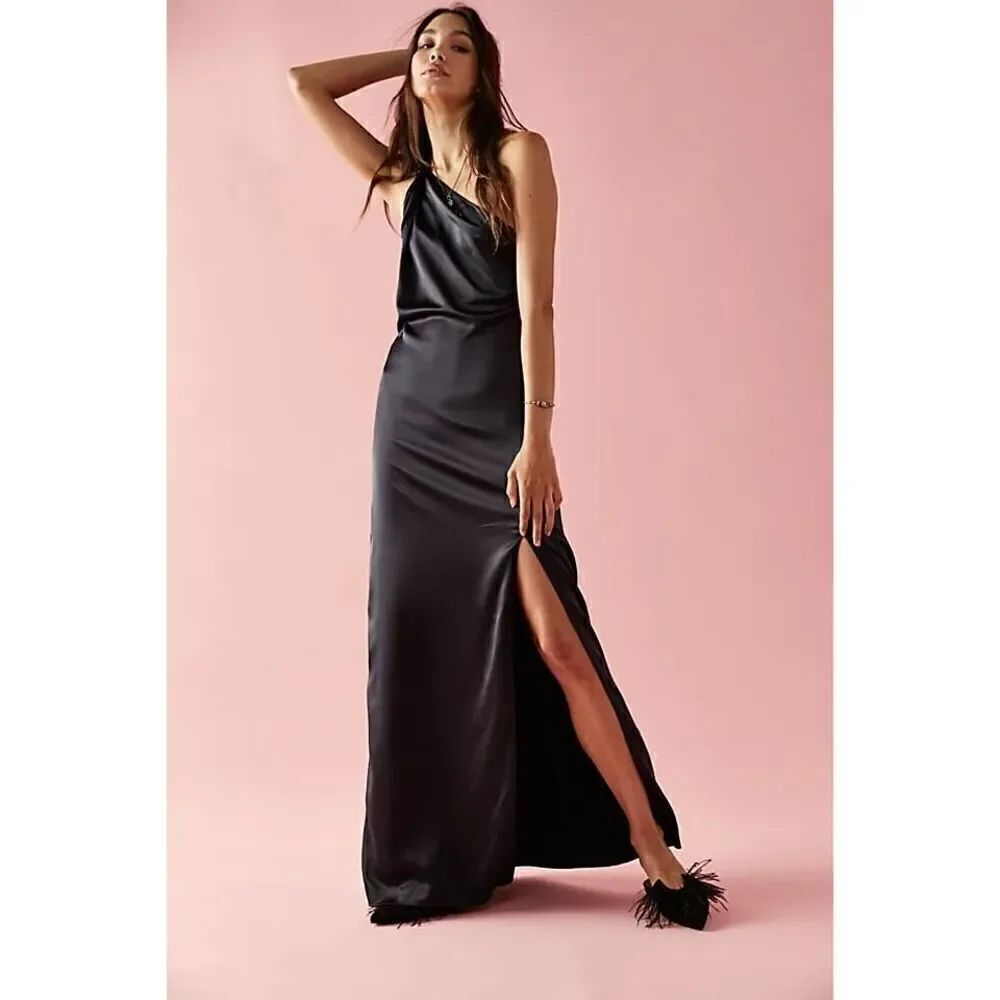 Free People 10 Victoria One Shoulder High Slit Maxi Dress Black Satin Formal